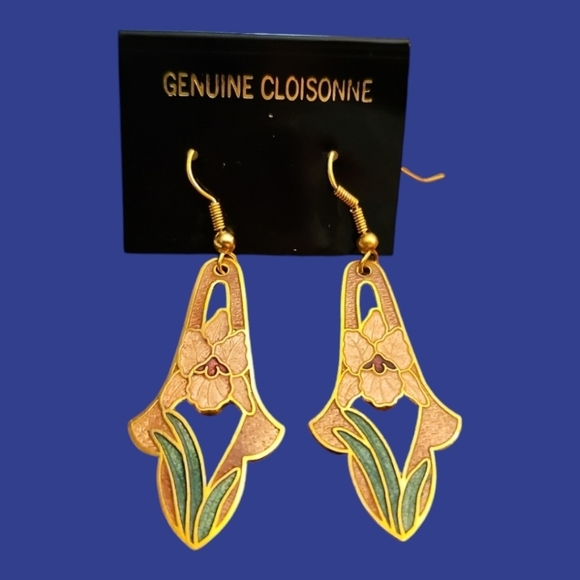 Vintage 1970s Cloisonne Floral Iris Long Dangle Hook Art Deco Earrings - Picture 1 of 5